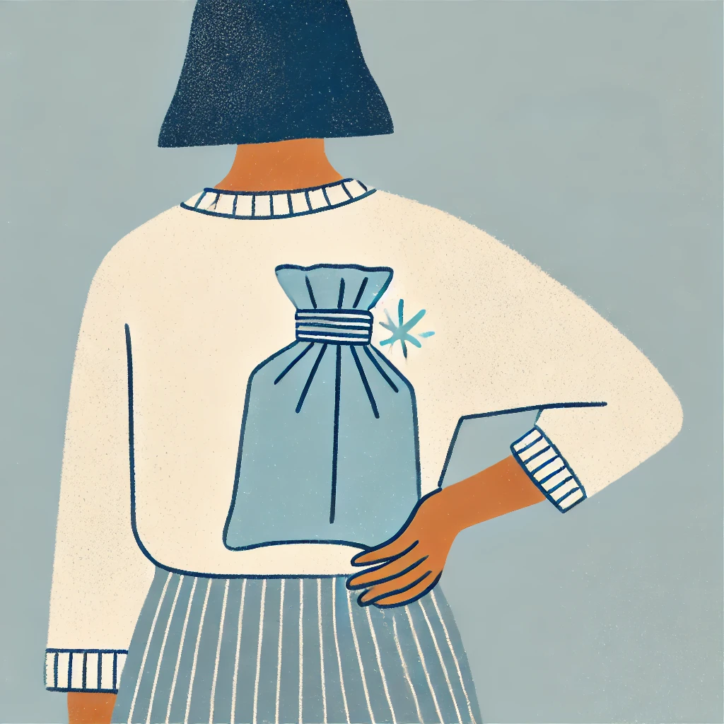 Eine Person von hinten betrachtet, trägt eine Wärmflasche auf dem Rücken, die durch eine gestrickte Hülle abgedeckt ist, vor einem neutralen Hintergrund.