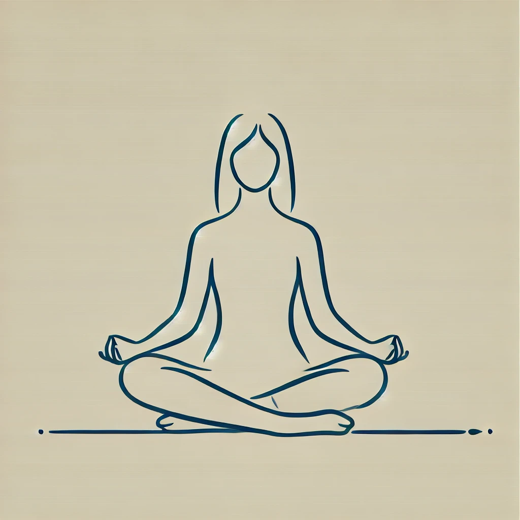 Eine Person sitzt im Schneidersitz und meditiert in einer minimalistischen, schematischen Darstellung vor einem einfarbigen Hintergrund.