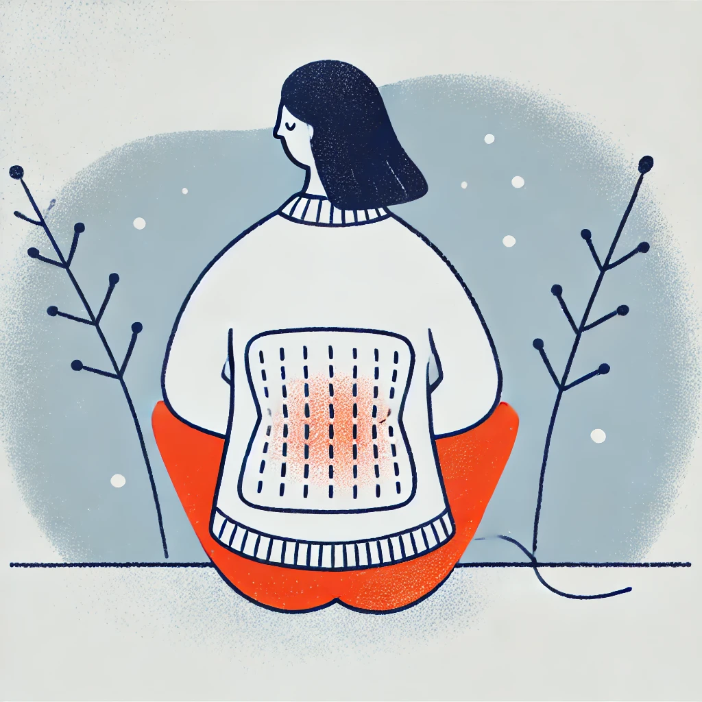 Eine Person sitzt mit einem beheizten Kissen auf der unteren Rückenpartie, vor einem kühlen Hintergrund mit Pflanzenmotiven und dezenten Schneeflocken.