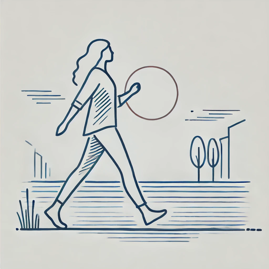 Eine Person geht entspannt durch eine minimalistische, geometrische Landschaft, die durch Linien und Symbole betont wird.