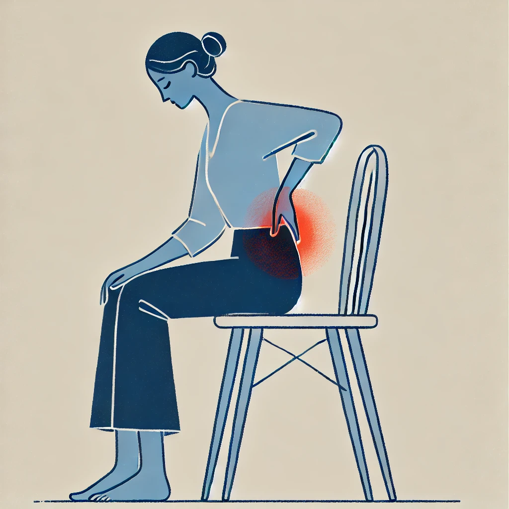 Eine Frau sitzt auf einem Stuhl, lehnt sich leicht nach vorne und greift sich an den unteren Rücken, wo eine rote Markierung auf Schmerzen hinweist.