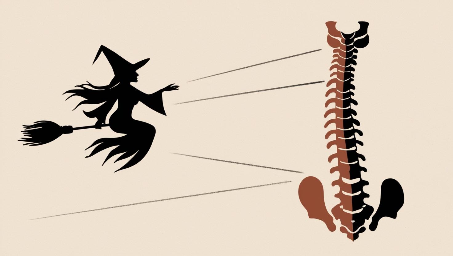 Eine Hexe auf einem Besen fliegt in Richtung einer Wirbelsäule