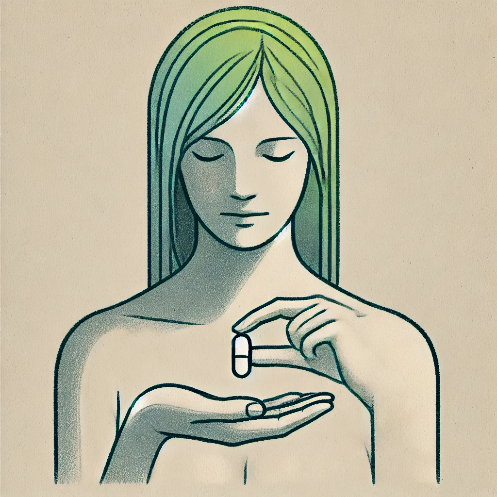 Frau mit grünen, langen Haaren hält eine Tablette über ihre ausgestreckte Hand