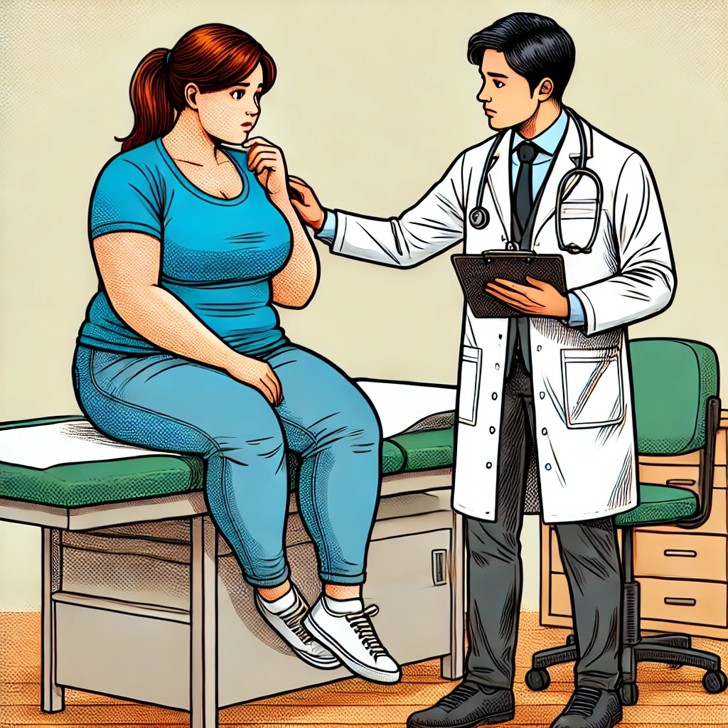 Eine besorgte Frau sitzt auf einem Arztstuhl und spricht mit einem Arzt, der ihr beruhigend die Schulter berührt