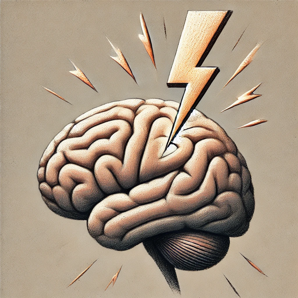 Ein Blitz schlägt in ein menschliches Gehirn ein