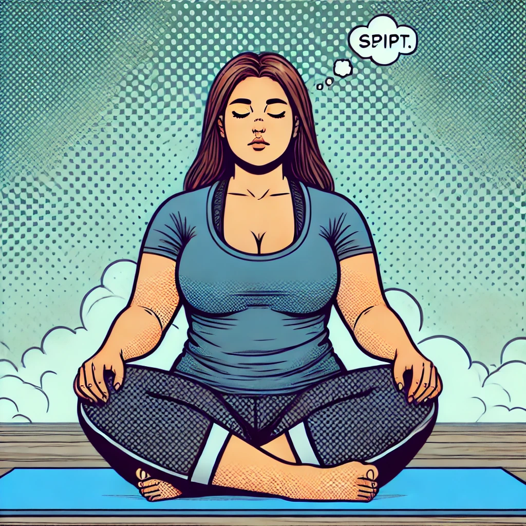 Eine Frau sitzt im Schneidersitz auf einer Matte und meditiert mit geschlossenen Augen, ein Gedankenblasen-Text deutet auf Konzentration hin.