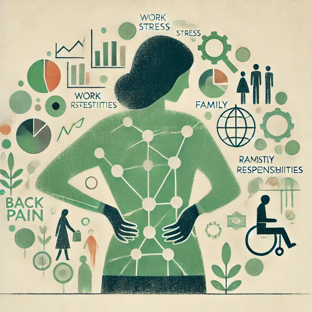Eine schematische Illustration einer Frau mit Fokus auf ihren Rücken, ergänzt durch Symbole, die Stressfaktoren und Verantwortlichkeiten im Leben darstellen. Elemente wie Zahnräder, Diagramme, eine Familie und ein Rollstuhl sind dargestellt, um Verbindungen zwischen Rückenschmerzen und Alltagsstress hervorzuheben