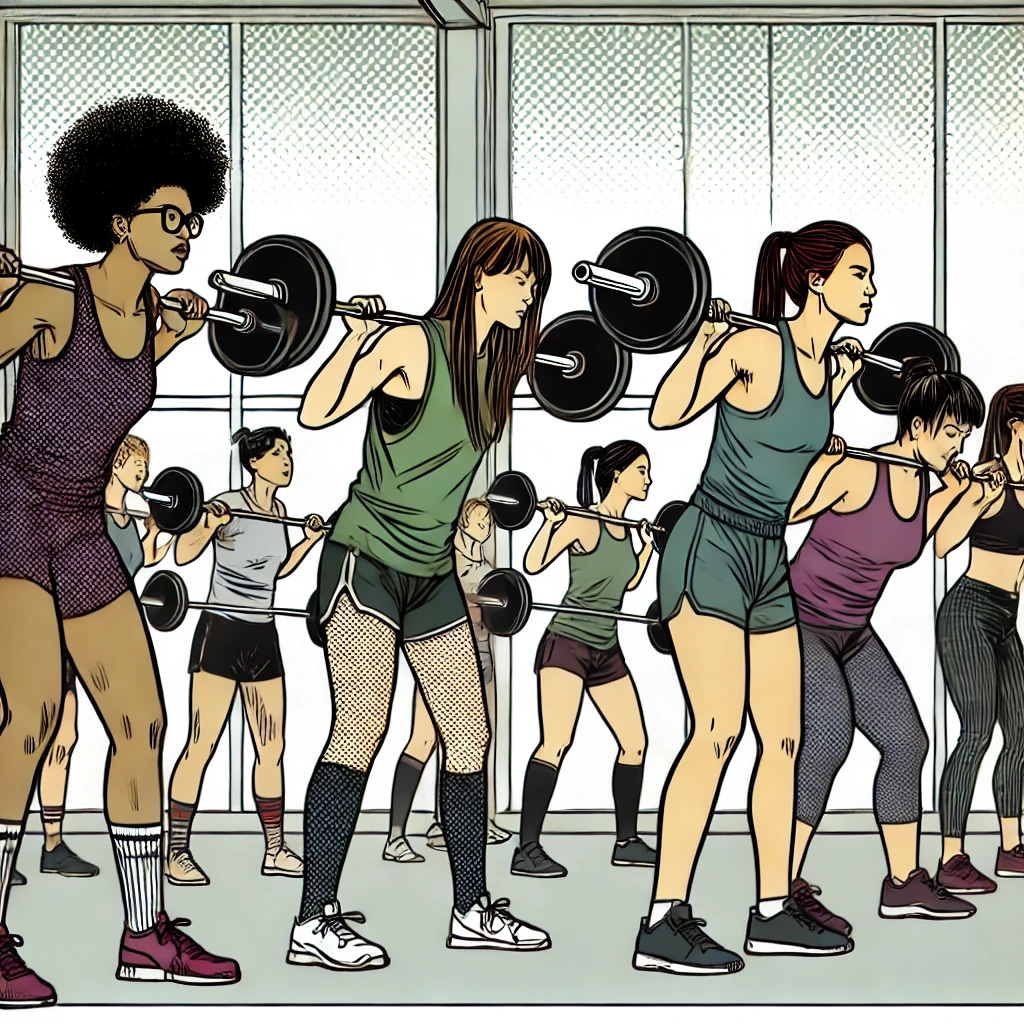 Frauen in einer Fitnessstunde, wobei eine Trainerin einer Teilnehmerin die richtige Technik für Kniebeugen erklärt.