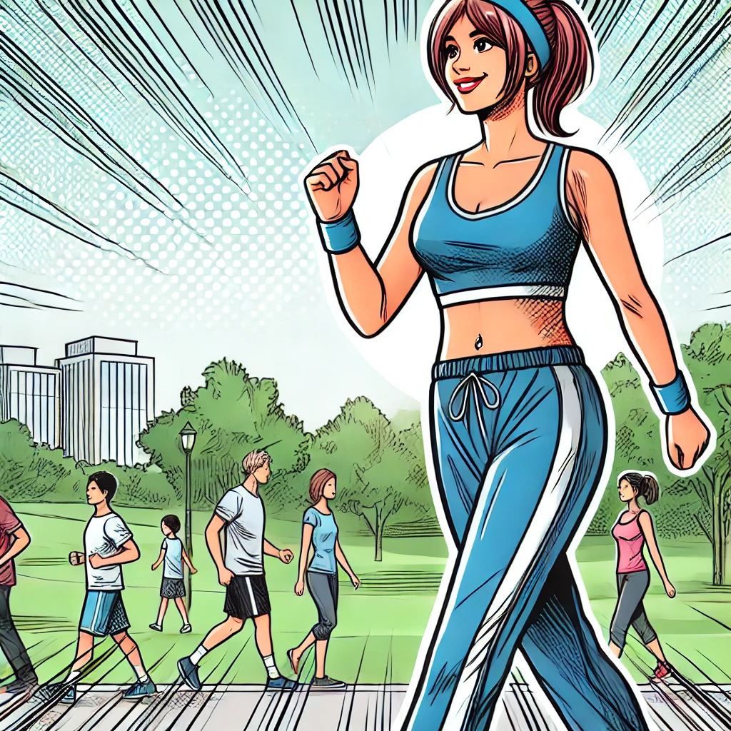 Eine Frau genießt eine Walking-Runde in einem Park mit einer Gruppe von Menschen, die ebenfalls spazieren gehen, während sie freudig in die Kamera lächelt.